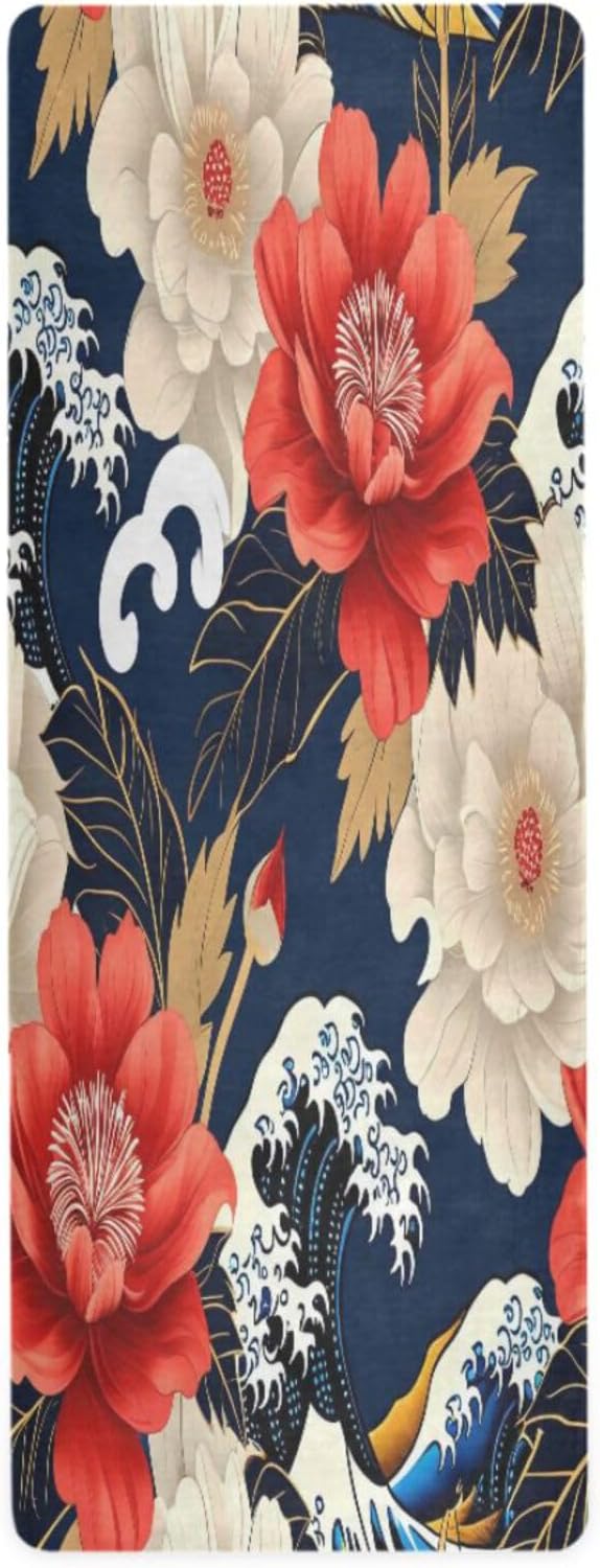 Japanese Style Floral & Wave Yoga Mat – Non-Slip Foldable Exercise Mat with Bold Oriental Design, Extra Cushion for Comfort