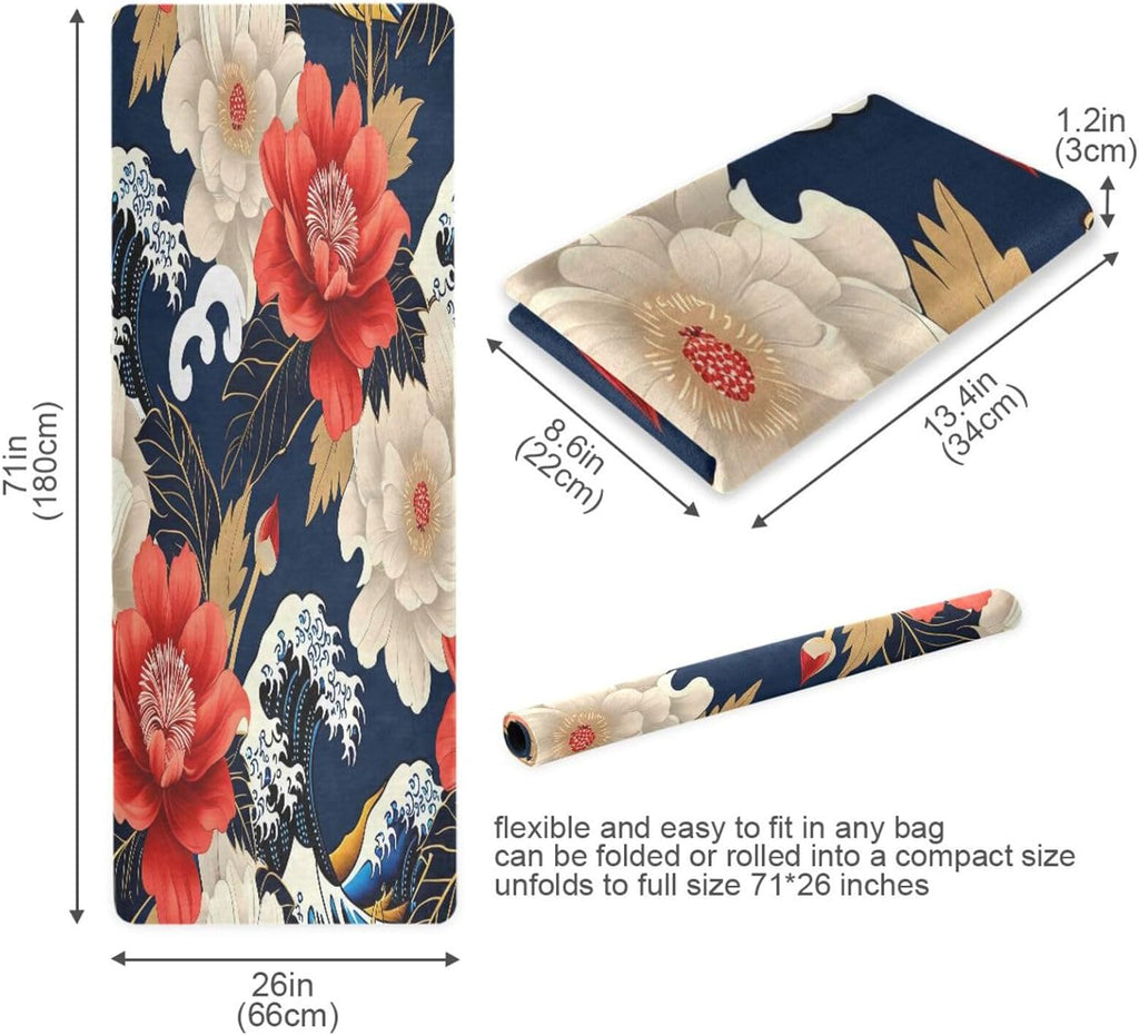 Japanese Style Floral & Wave Yoga Mat – Non-Slip Foldable Exercise Mat with Bold Oriental Design, Extra Cushion for Comfort
