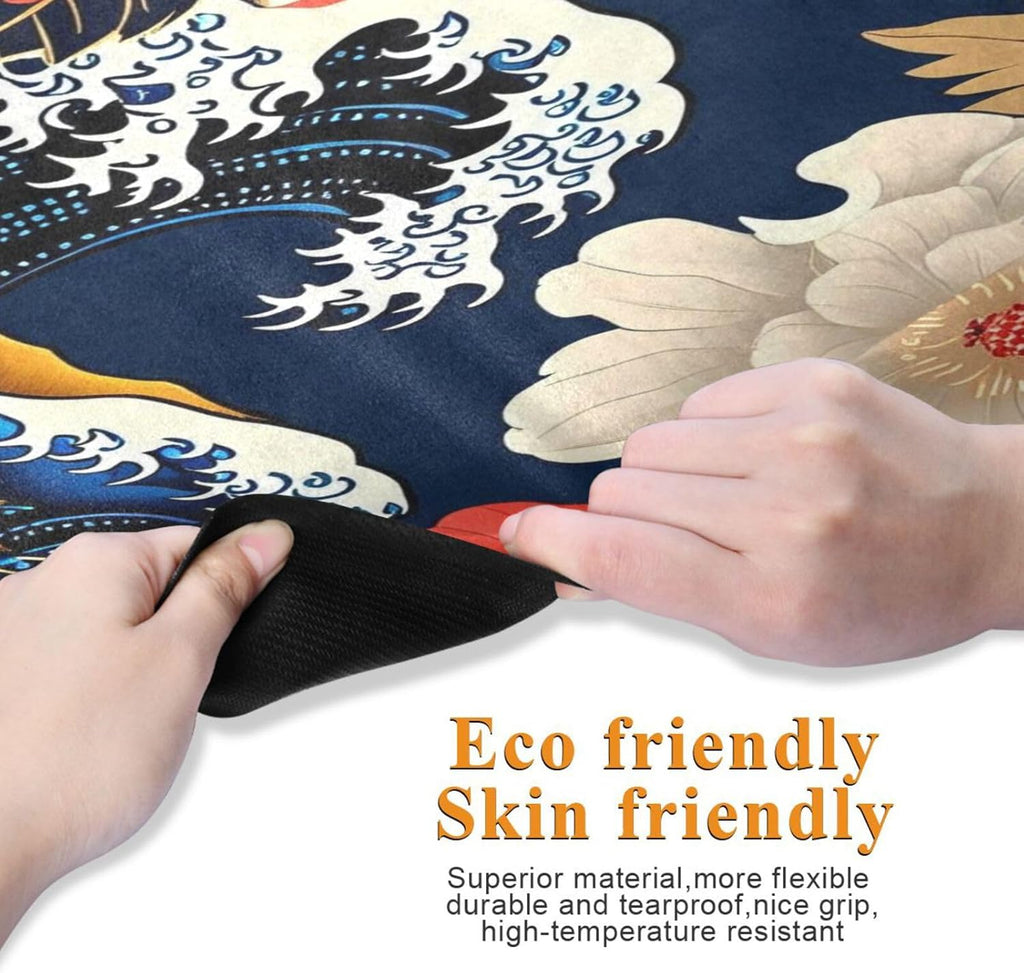 Japanese Style Floral & Wave Yoga Mat – Non-Slip Foldable Exercise Mat with Bold Oriental Design, Extra Cushion for Comfort