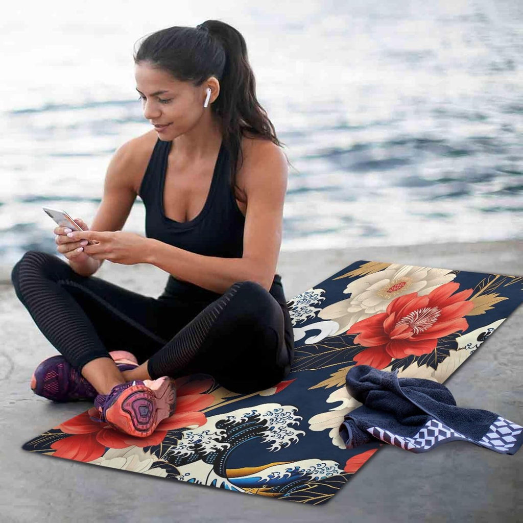 Japanese Style Floral & Wave Yoga Mat – Non-Slip Foldable Exercise Mat with Bold Oriental Design, Extra Cushion for Comfort