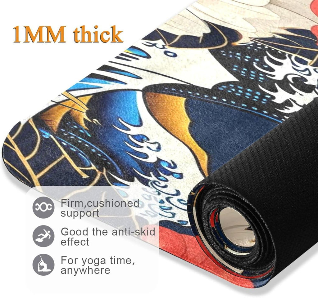 Japanese Style Floral & Wave Yoga Mat – Non-Slip Foldable Exercise Mat with Bold Oriental Design, Extra Cushion for Comfort